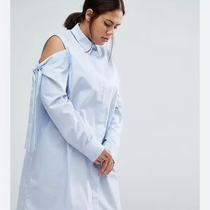 ASOS Cotton shirt dress navy cold shoulder with tie detail